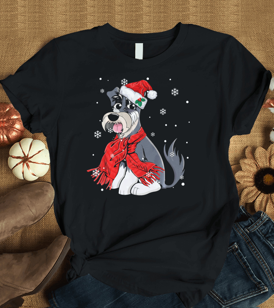 Schnauzer Wearing Santa Hat and Red Scarf Surrounded by Snowflakes T-Shirt
