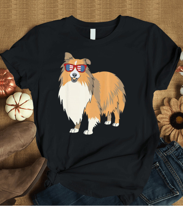 T-Shirt: Patriotic Sheltie with American Flag Sunglasses T-Shirt Patriotic Sheltie with American Flag Sunglasses T-Shirt