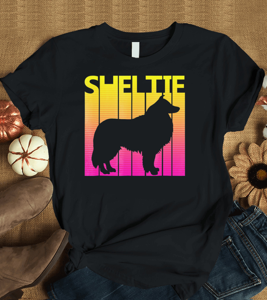 Sheltie Silhouette with Retro Gradient Stripes T-Shirt