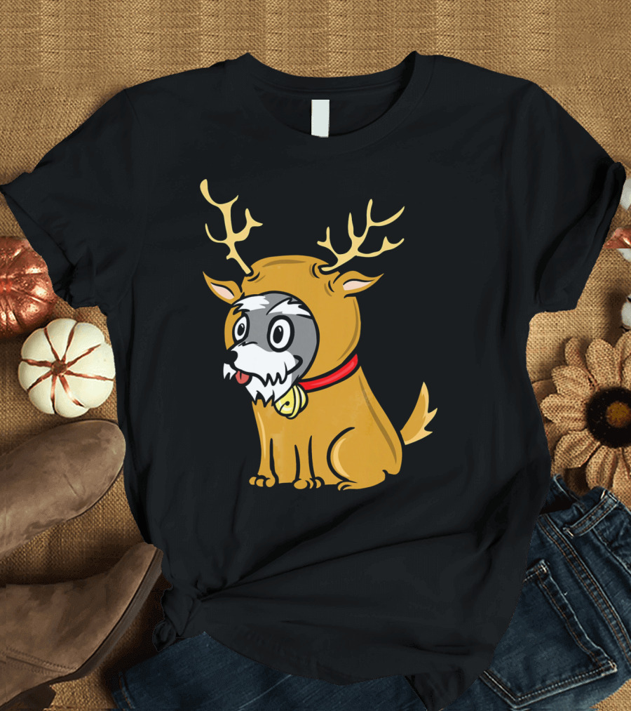 Schnauzer Dressed as a Cute Reindeer with Antlers and Red Collar T-Shirt