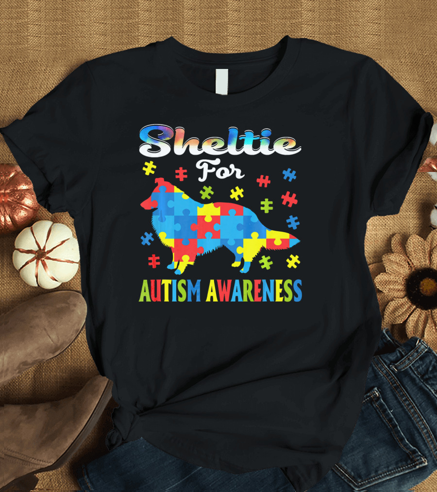 Sheltie For Autism Awareness Colorful Puzzle Pieces T-Shirt
