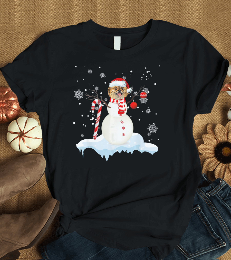 Pekingese Dog as Snowman with Candy Cane and Snowflakes T-Shirt