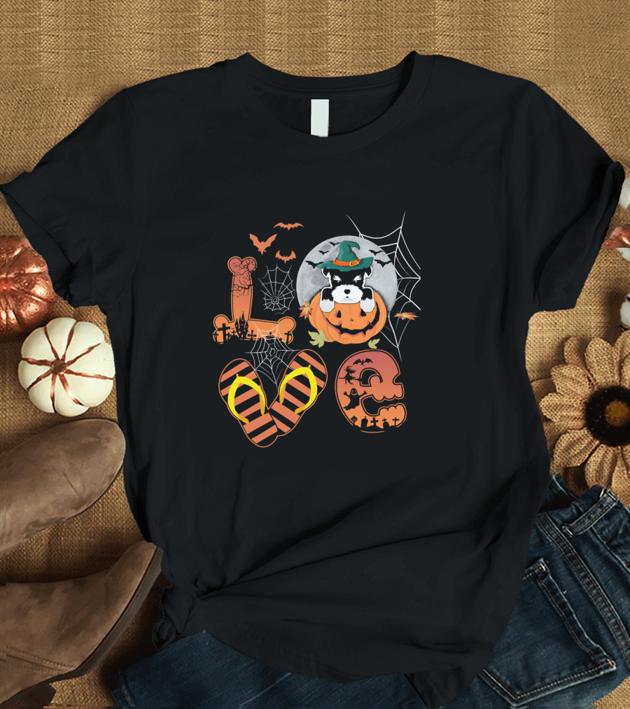 Schnauzer Pumpkin Halloween L-O-V-E Spooky Webs and Bats T-Shirt