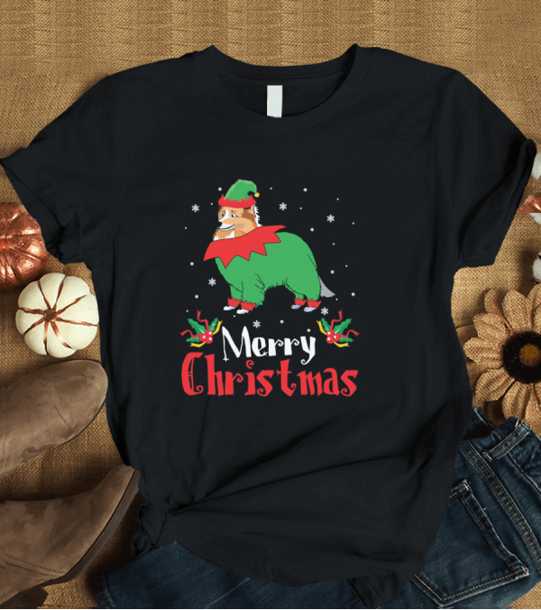 T-Shirt: Merry Christmas Sheltie in Elf Costume with Snowflakes T-Shirt Merry Christmas Sheltie in Elf Costume with Snowflakes T-Shirt