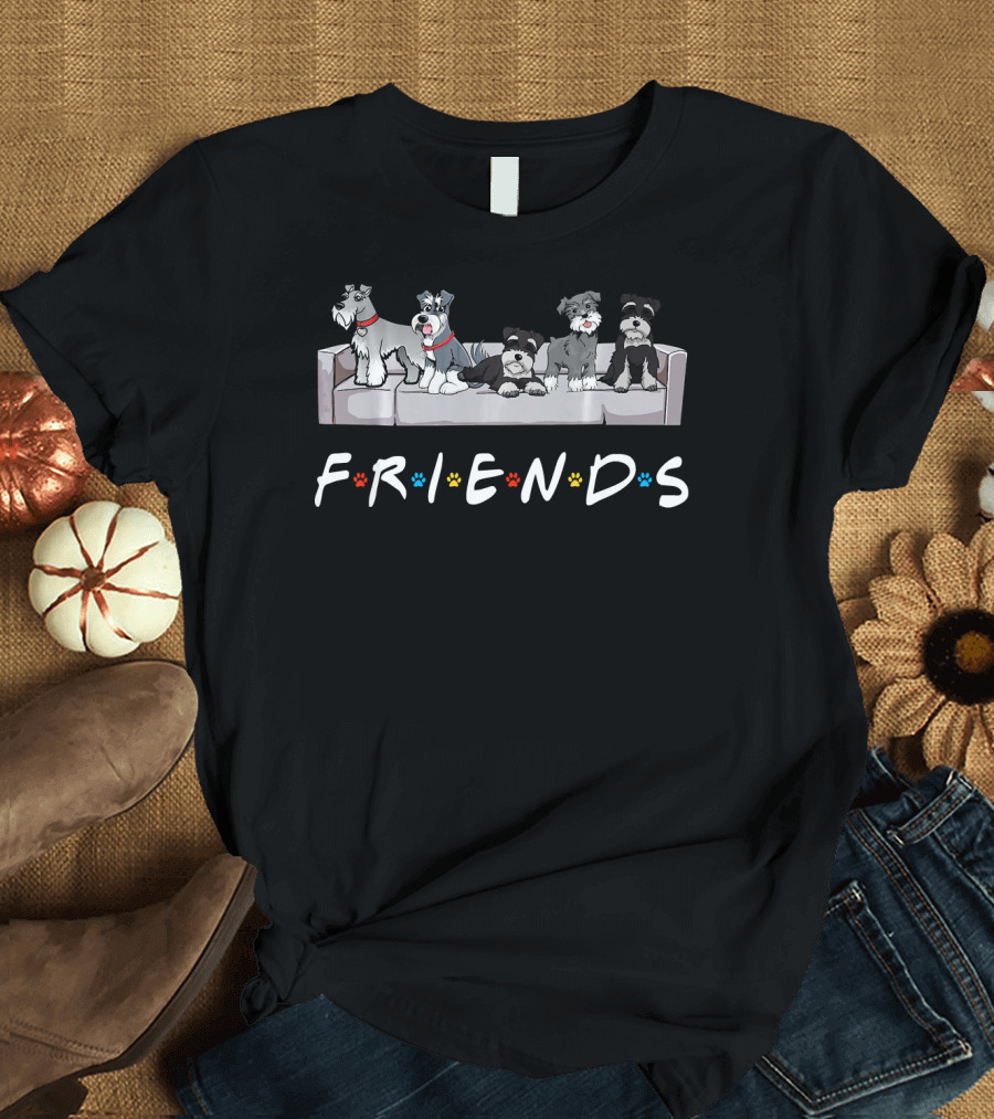 Schnauzer Friends Sitting on Couch with Paw Print Letters T-Shirt