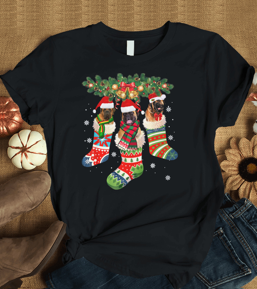 Three English Mastiff in Christmas Stockings with Santa Hats and Festive Decor T-Shirt
