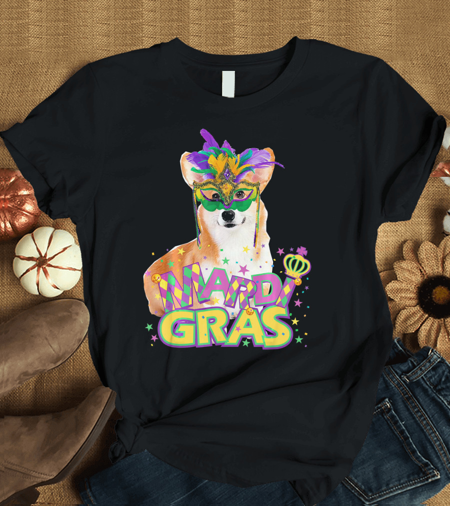 Mardi Gras Pembroke Welsh Corgi with Festive Mask and Crown T-Shirt