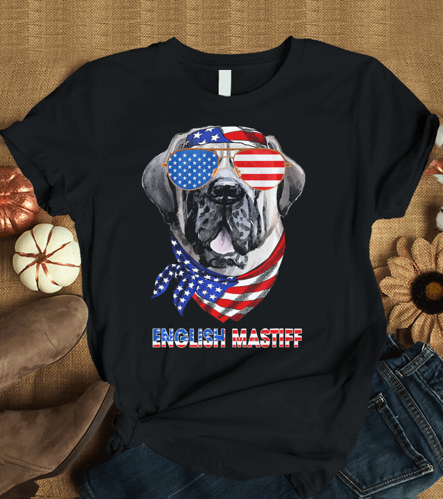 English Mastiff Dog with American Flag Sunglasses and Bandana T-Shirt