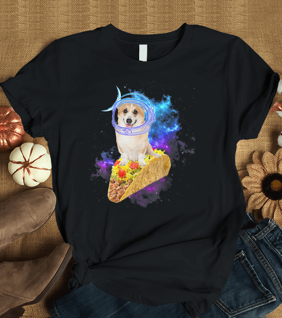 Space Corgi Astronaut Riding A Taco In Cosmic Galaxy Adventure T-Shirt