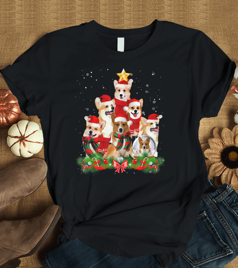 Welsh Corgi Christmas Tree with Santa Hats and Festive Decorations T-Shirt