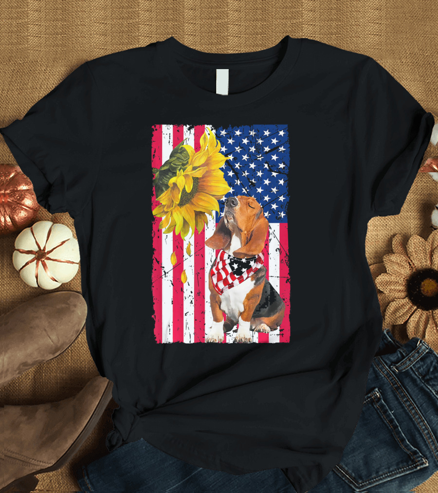 Basset Hound Wearing American Flag Bandana with Sunflower on Patriotic Stripes and Stars Background T-Shirt