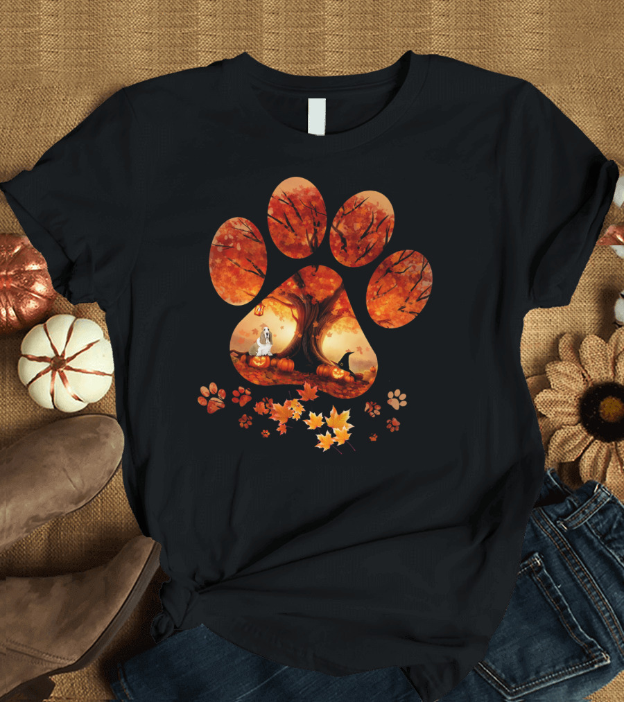 Basset Hound Autumn Paw Print with Yellow Leaves and Pumpkins T-Shirt