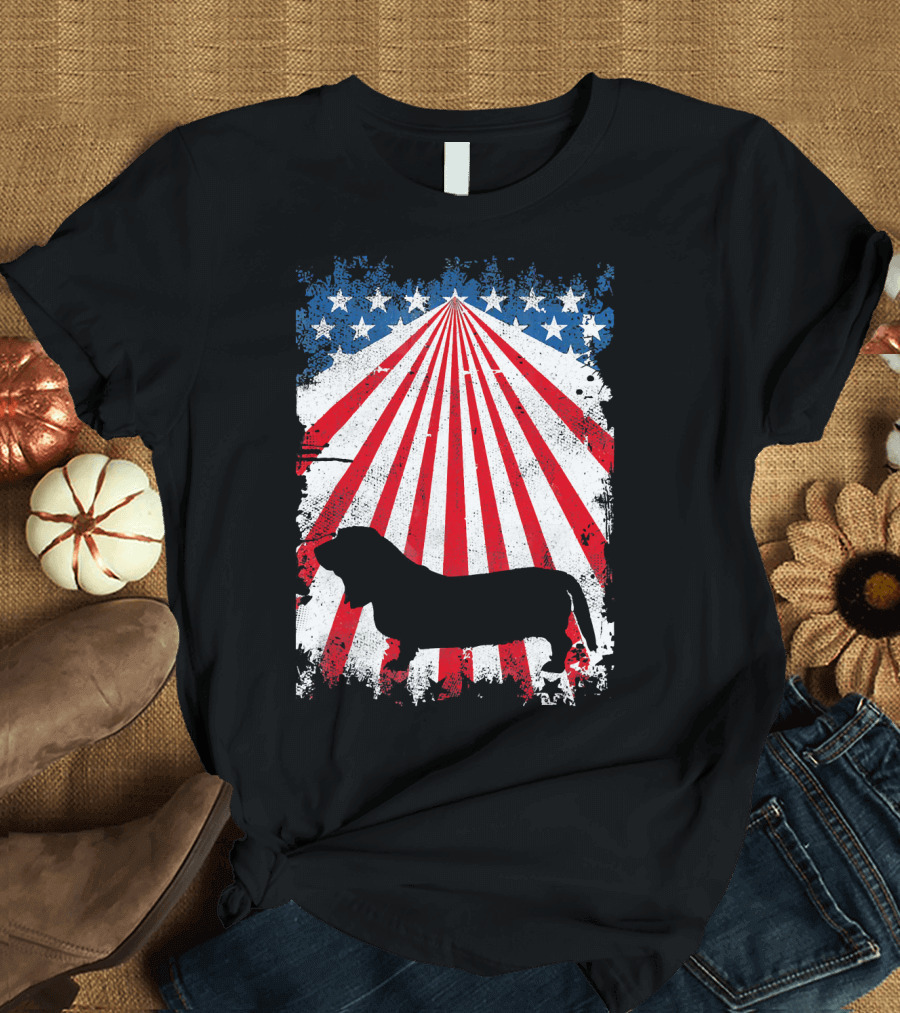 Basset Hound Silhouette with American Flag T-Shirt