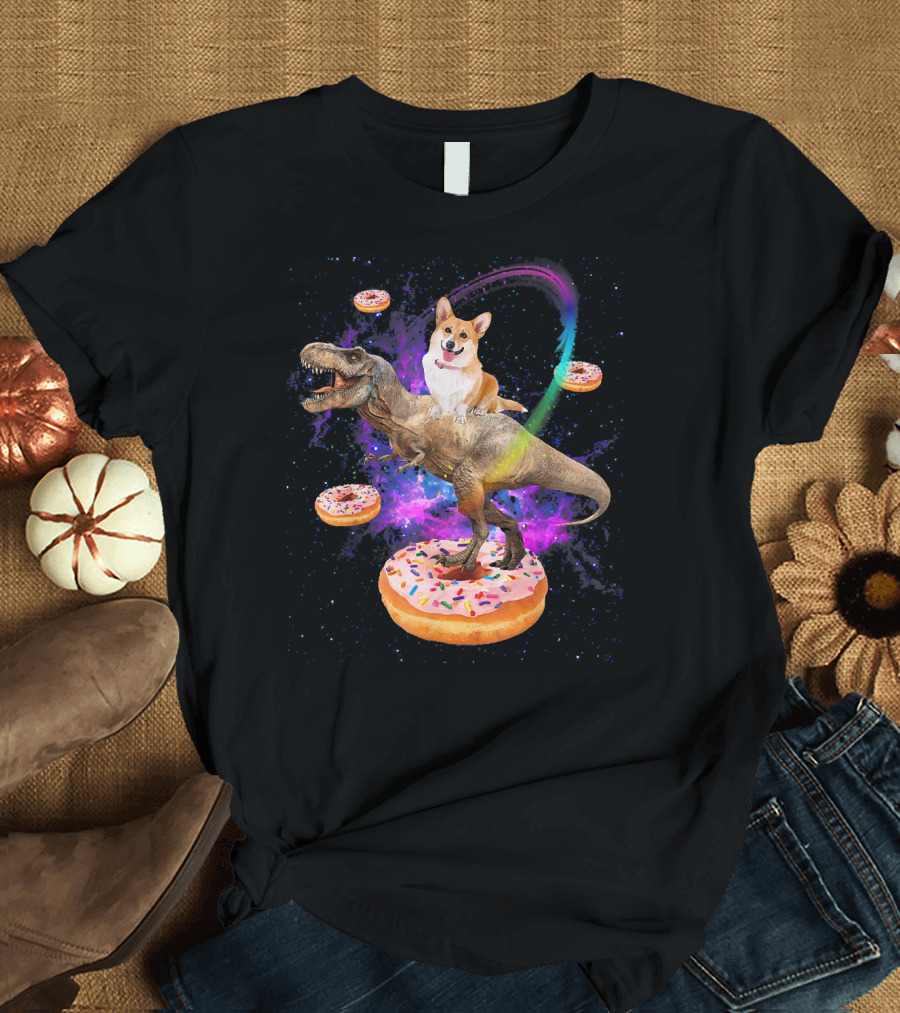 Space Corgi Adventure on Dinosaur Rex with Floating Donuts in Galaxy T-Shirt