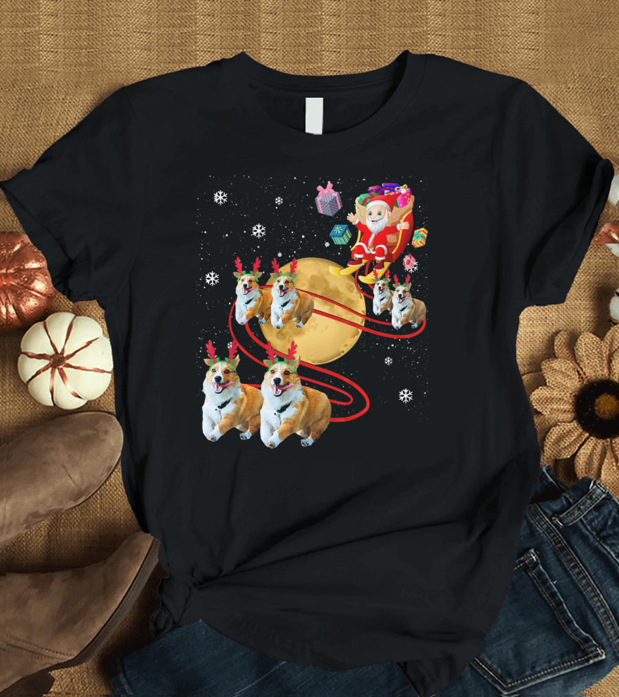 Santa Riding Corgi Reindeer Moon Sleigh Festive Christmas T-Shirt