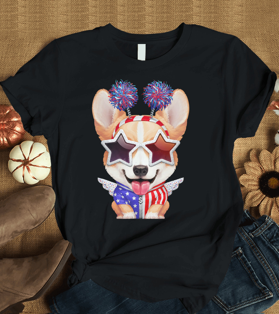 Corgi Patriotic Celebration with Star Glasses and Pom Pom Ears T-Shirt