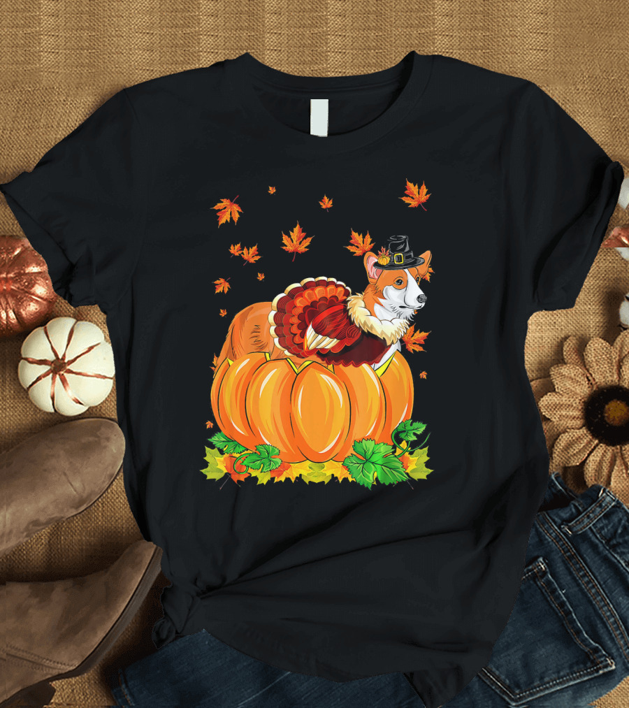 Thanksgiving Corgi Dog in Turkey Hat and Pumpkin with Maple Leaves T-Shirt