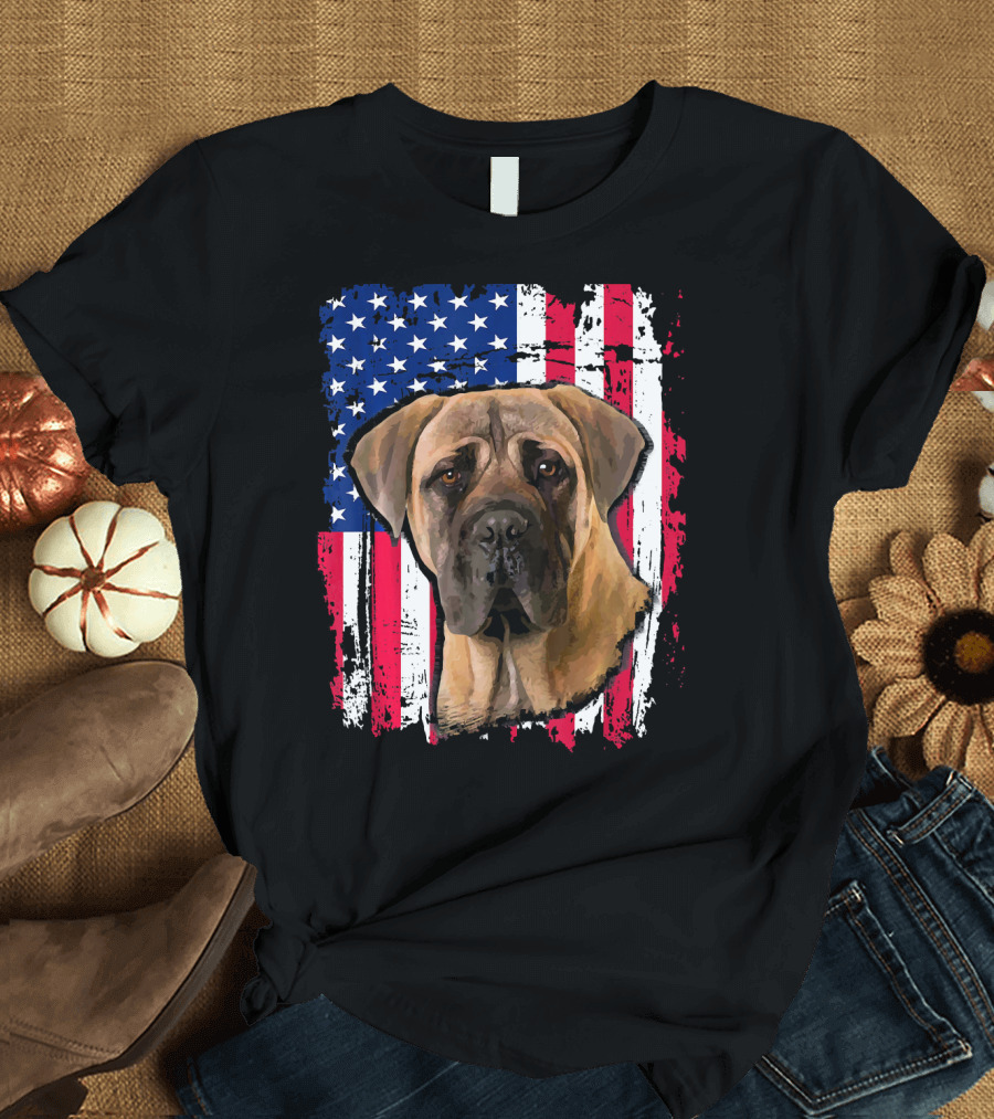 Bullmastiff Overlaid on Distressed US Flag Background for 4th of July T-Shirt