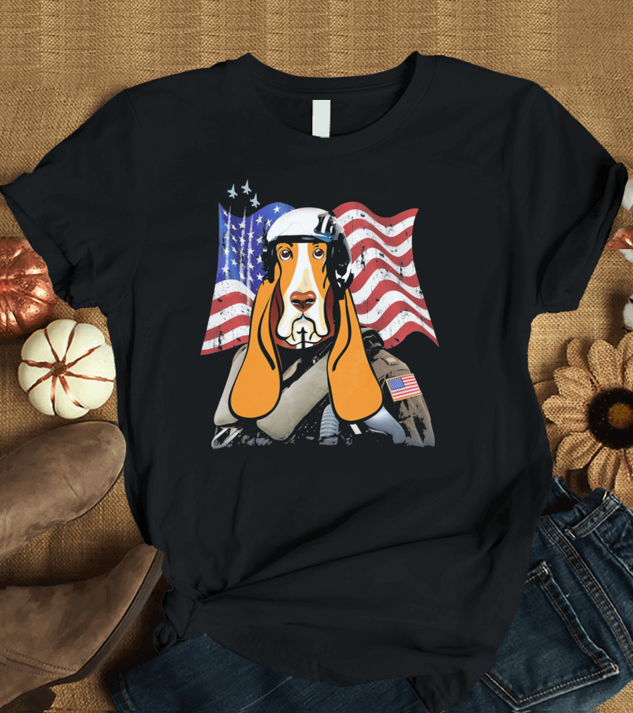 The Patriotic Basset Hound Combat Stryke USA Flag Helmet Pilot T-Shirt