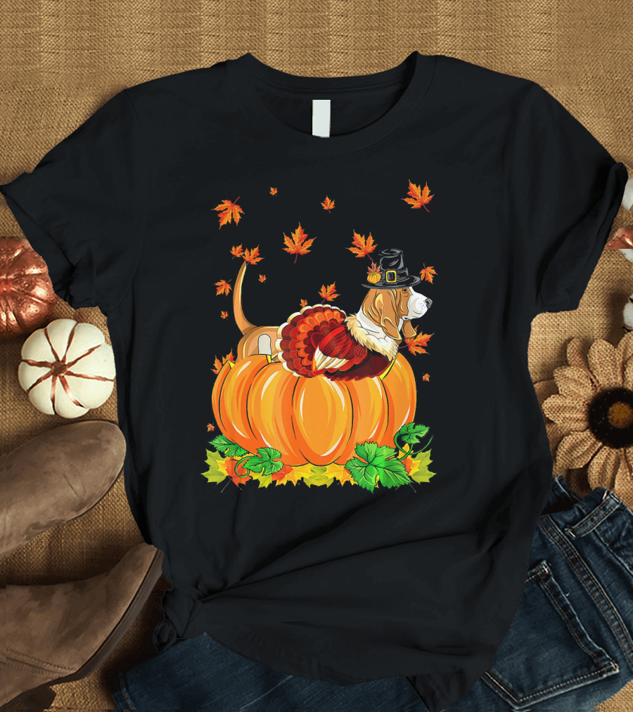 Thanksgiving Basset Hound with Turkey Costume and Pilgrim Hat in Autumn Pumpkin Scene T-Shirt
