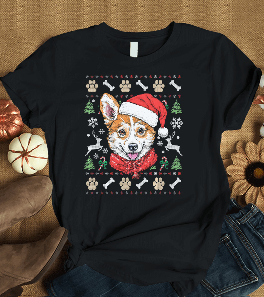 Ugly Christmas Corgi Dog Santa Hat Reindeer Paw Prints Candy Canes Snowflakes Trees T-Shirt