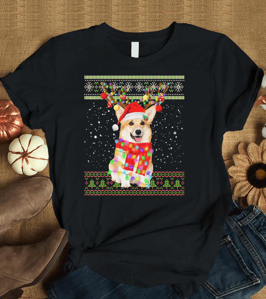 Ugly Christmas Corgi Santa Hat Festive Lights Snowfall T-Shirt