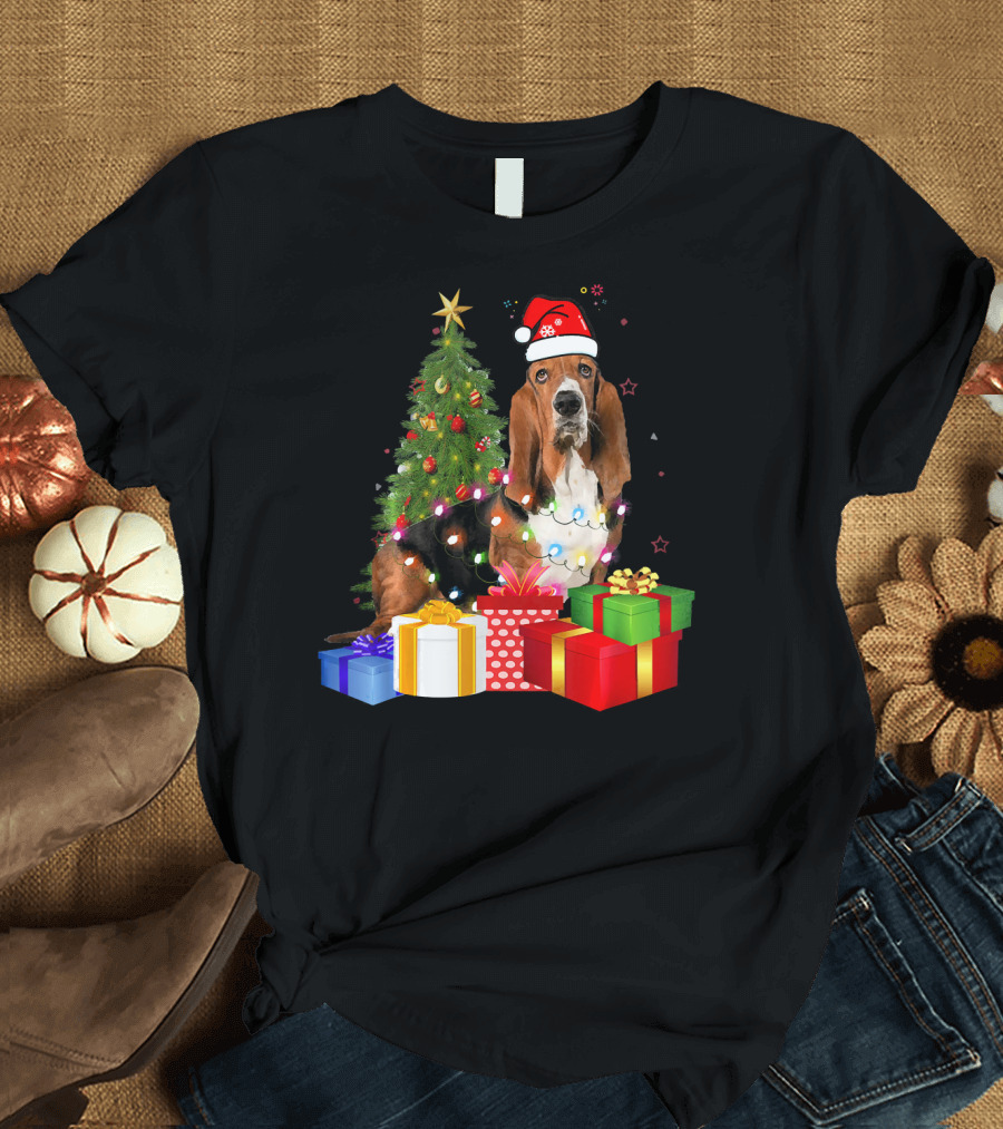 Santa Basset Hound Wrapped in Christmas Tree Lights with Presents T-Shirt