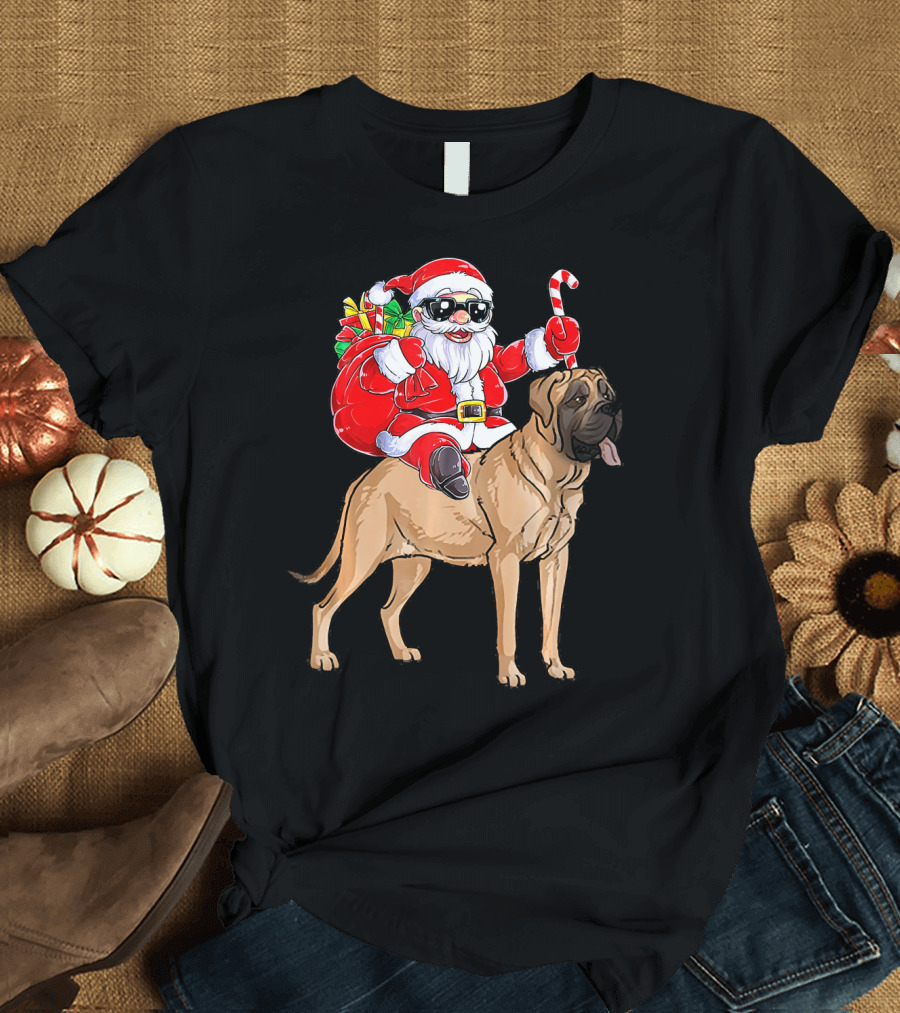 Santa Claus Riding English Mastiff with Candy Cane and Gifts T-Shirt