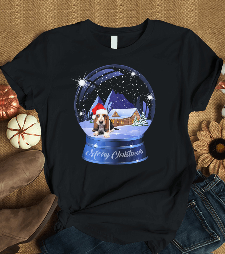 Merry Christmas Basset Hound Dog Lover Inside Crystal Snow Globe T-Shirt