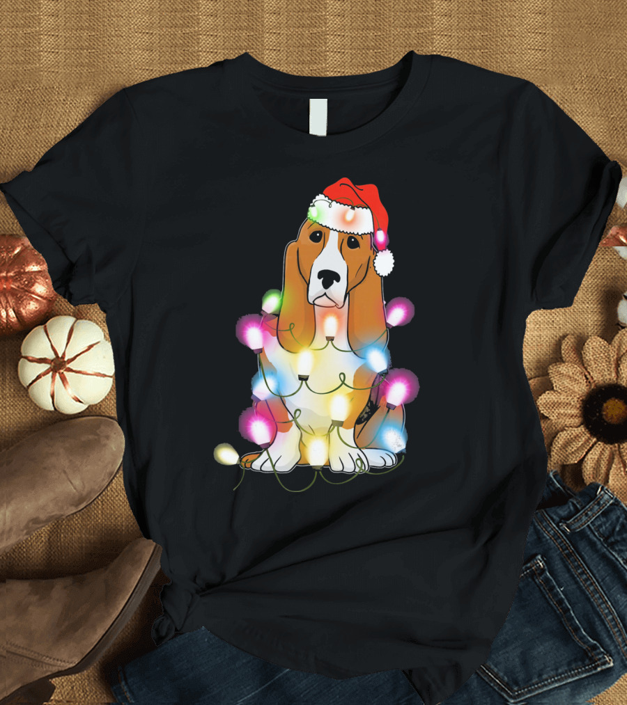 Basset Hound Christmas Lights Festive Santa Hat T-Shirt