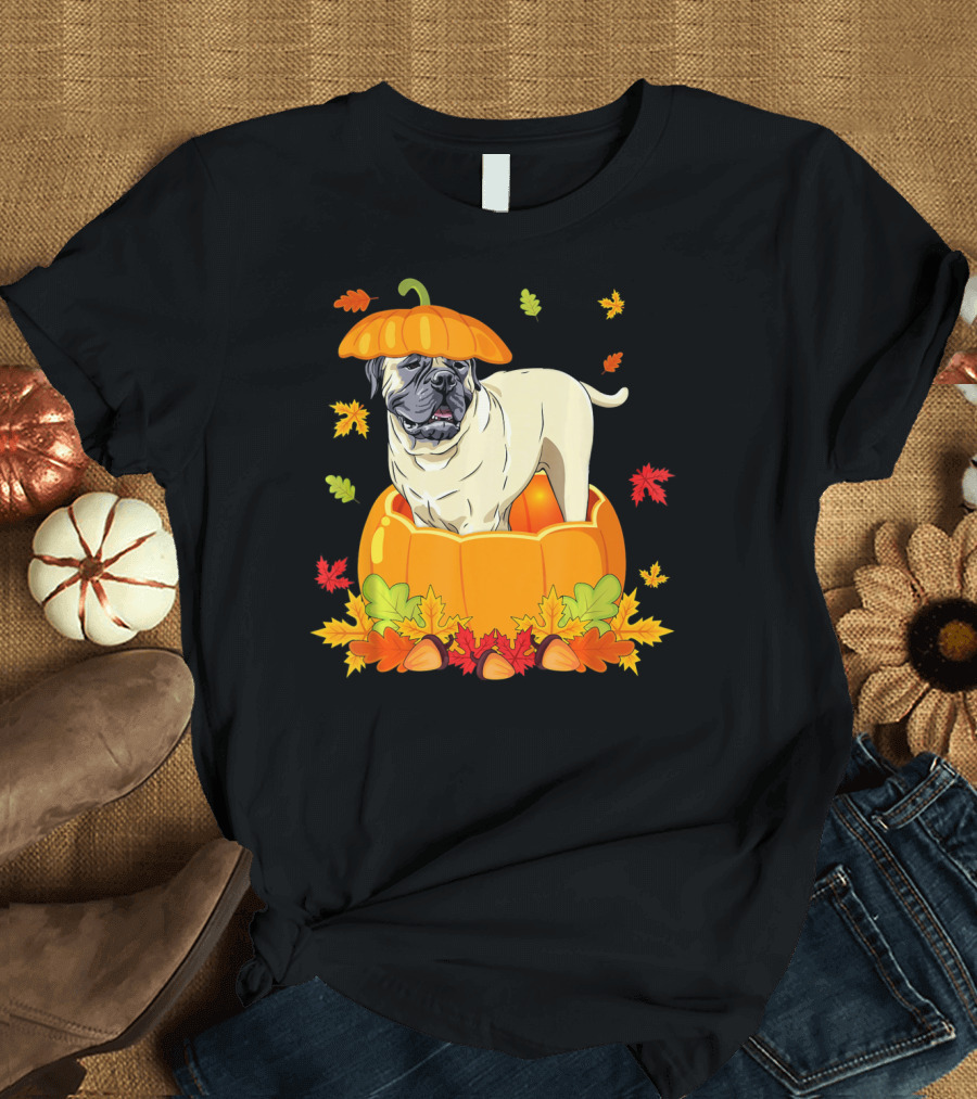 Thanksgiving Bullmastiff in Pumpkin Surrounded by Autumn Leaves and Acorns T-Shirt