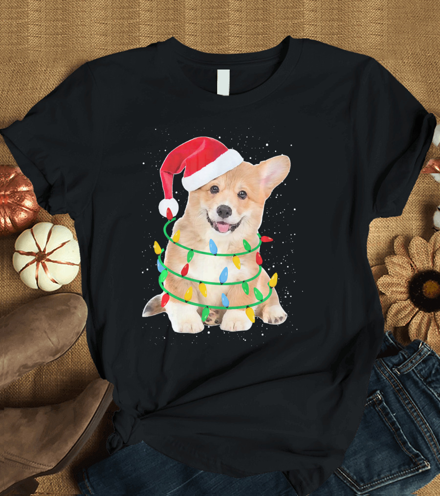 Santa Corgi with Christmas Lights and Snowy Background T-Shirt