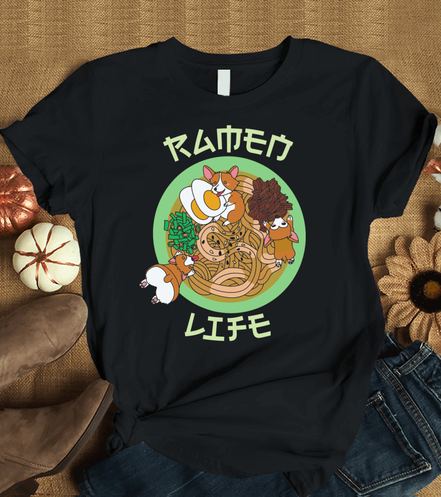 Ramen Life Corgi Puppy Dog Playful Bowl of Noodles T-Shirt
