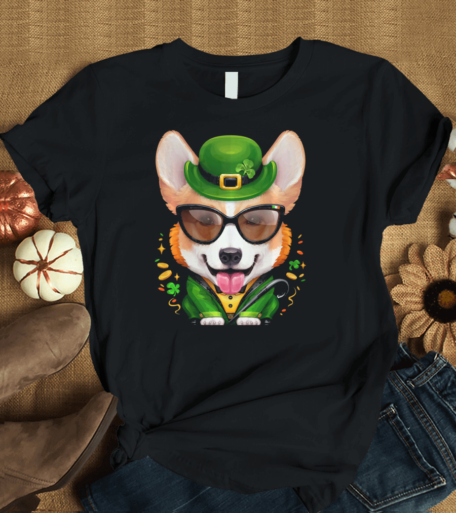 Welsh Corgi Dressed as Leprechaun with Sunglasses and Shamrocks T-Shirt