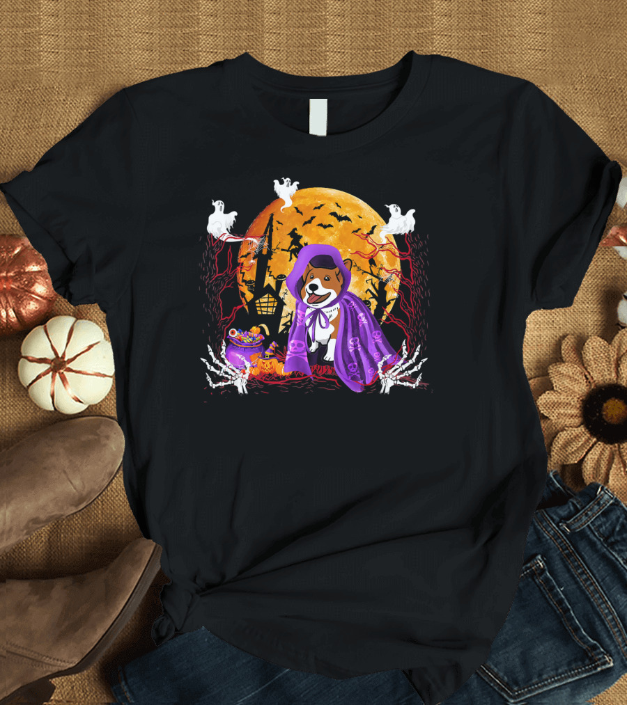 Welsh Corgi Dog in Purple Cloak with Ghosts and Full Moon Halloween Scene T-Shirt