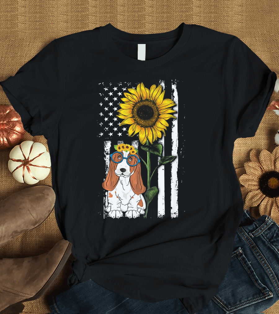 Sunflower Patriotic American Flag Basset with Glasses T-Shirt