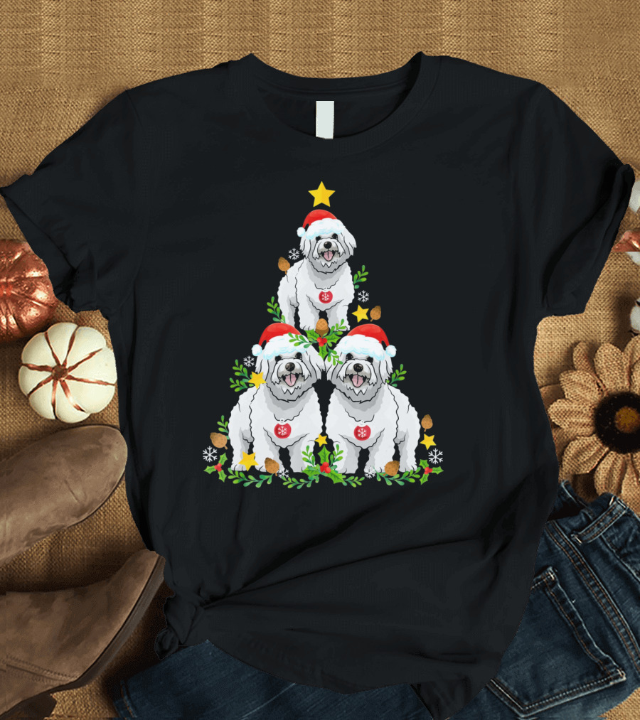 Funny Havanese Dogs Wearing Santa Hats Forming Christmas Tree T-Shirt