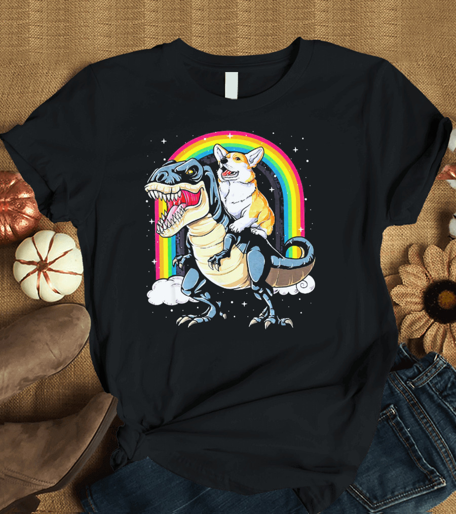 Corgi Riding T-Rex Dinosaur Rainbow Adventure T-Shirt