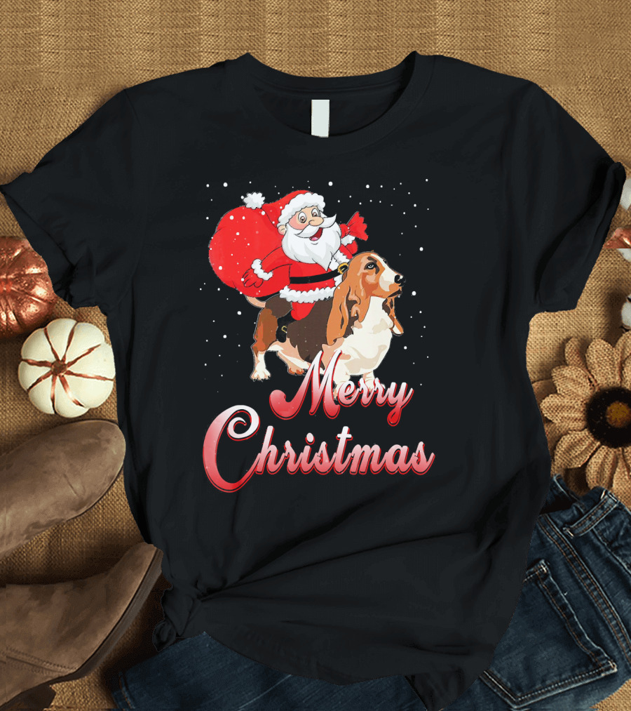 Merry Christmas Santa Riding Basset Hound T-Shirt