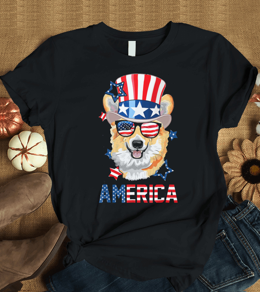 Patriotic America Corgi with Stars and Stripes Hat and Sunglasses T-Shirt