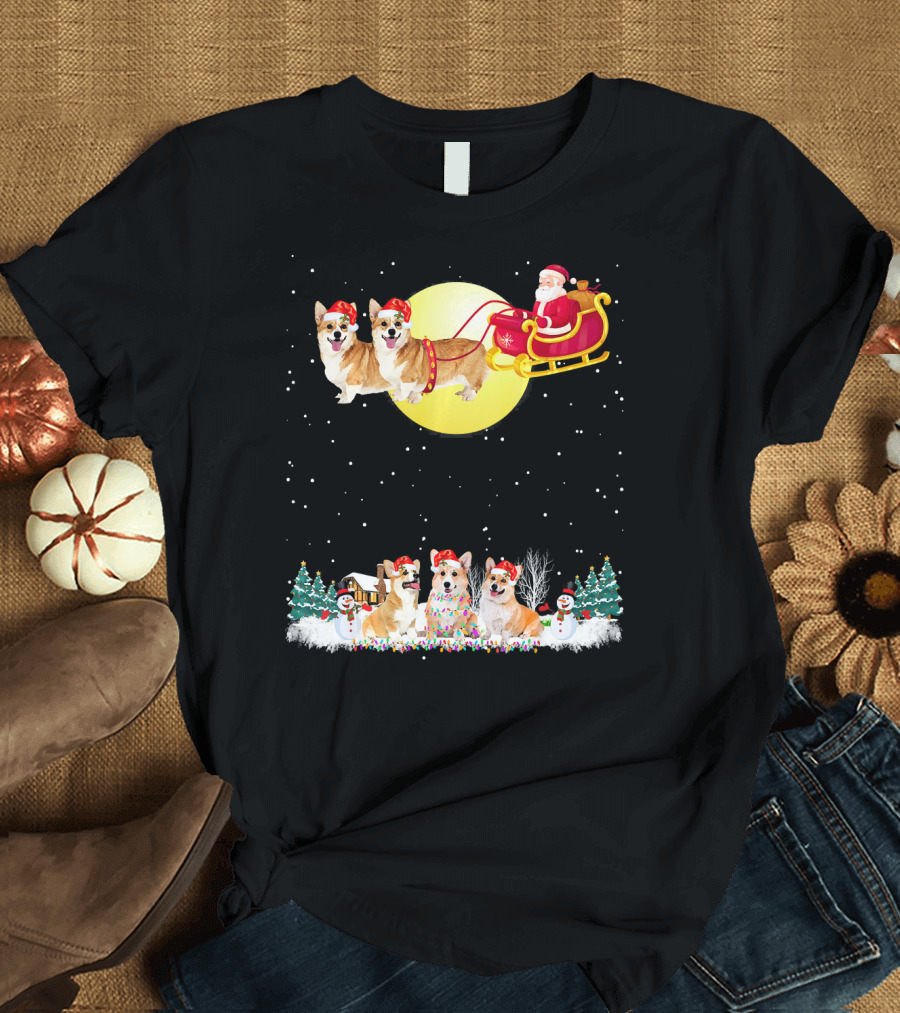 Santa Claus Sleigh Welsh Corgi Reindeer Christmas Lights Holiday Scene T-Shirt
