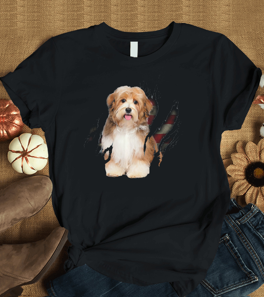 Havanese Dog with American Flag Inside T-Shirt