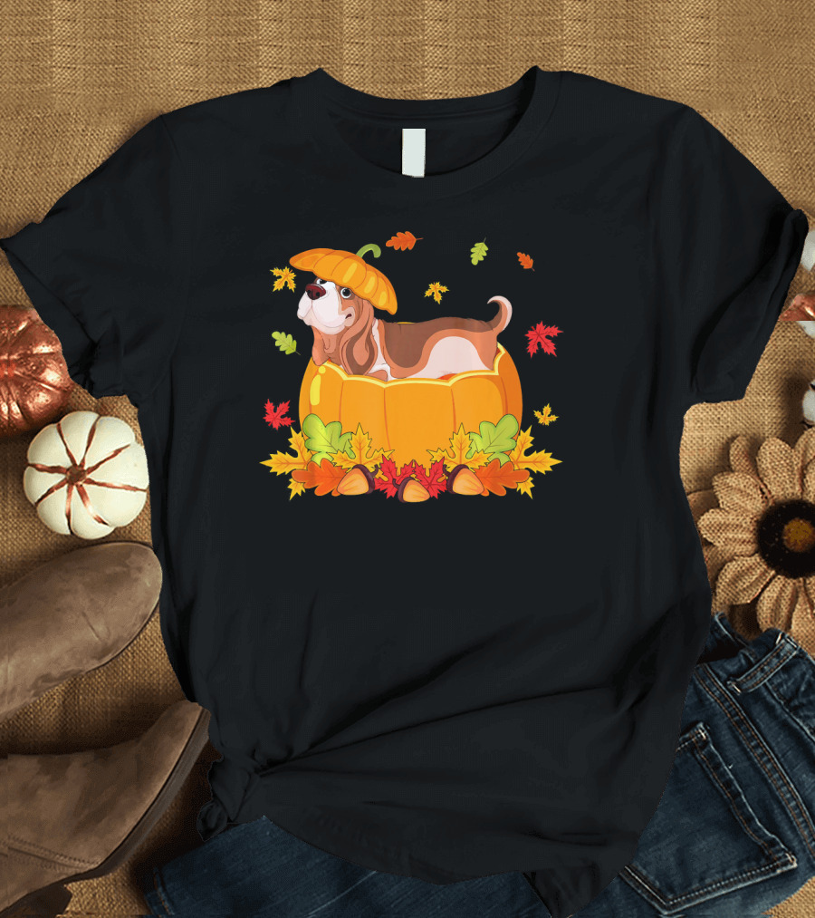 Thanksgiving Cute Basset Hound in Pumpkin Surrounded by Autumn Leaves T-Shirt