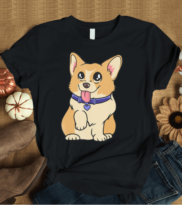 T-Shirt: Cute Kawaii Corgi with Heart Collar Tongue Out T-Shirt Cute Kawaii Corgi with Heart Collar Tongue Out T-Shirt