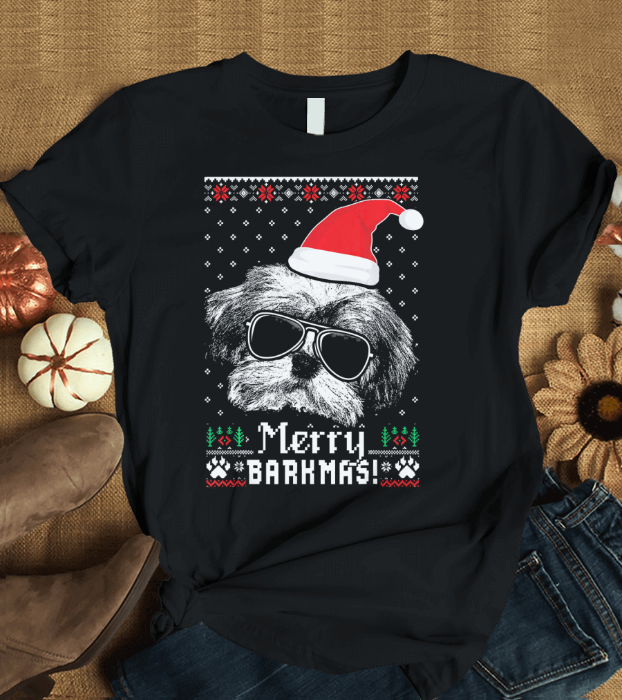 Havanese Merry Barkmas Santa Hat Ugly Sweater Style Holiday Dog Sunglasses T-Shirt