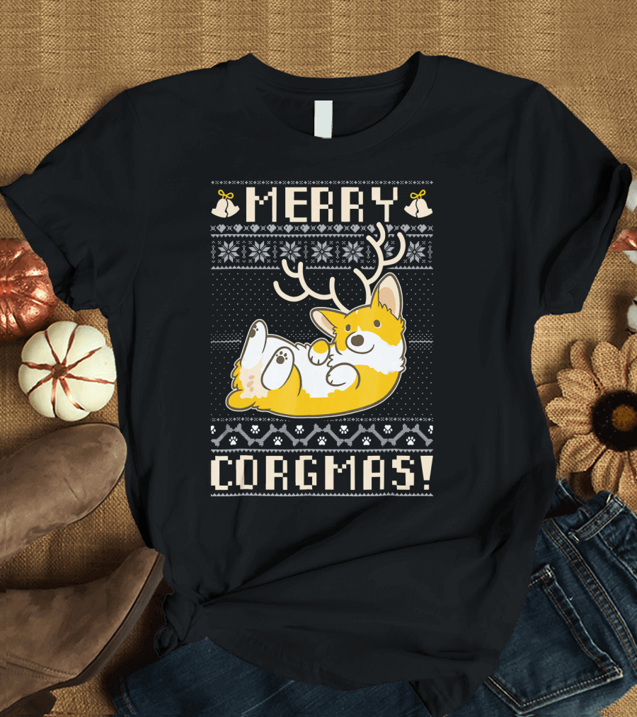 Merry Corgmas Corgi with Antlers and Holiday T-Shirt