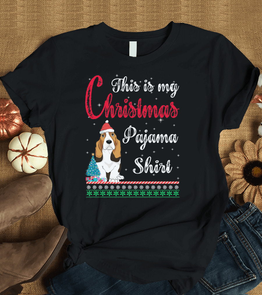 This Is My Christmas Pajama Shirt Basset Hound With Santa Hat And Snowflakes T-Shirt