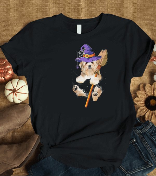 T-Shirt: Havanese Dog Witch with Purple Hat and Broomstick T-Shirt Havanese Dog Witch with Purple Hat and Broomstick T-Shirt
