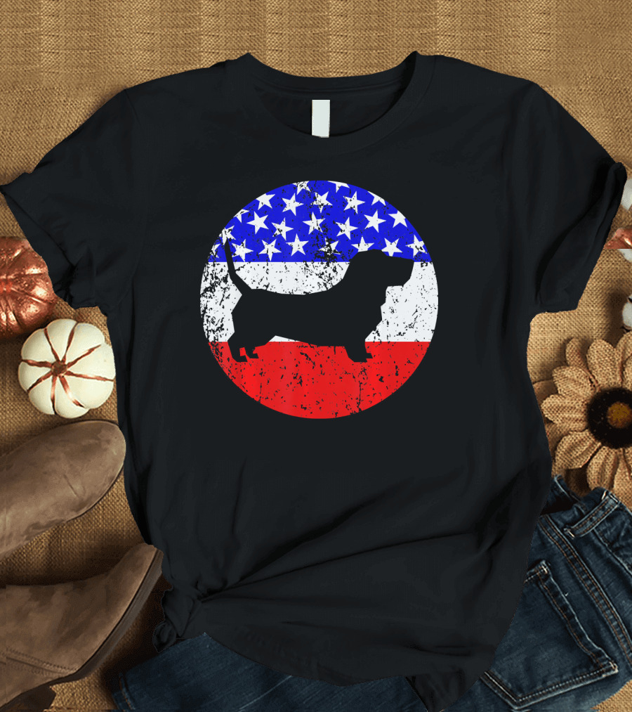 American Flag Basset Hound Silhouette Circle T-Shirt