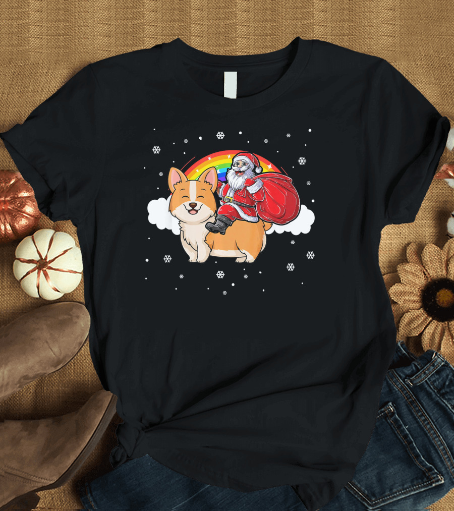 Santa Claus Riding Rainbow Corgi Dog Snowflakes T-Shirt
